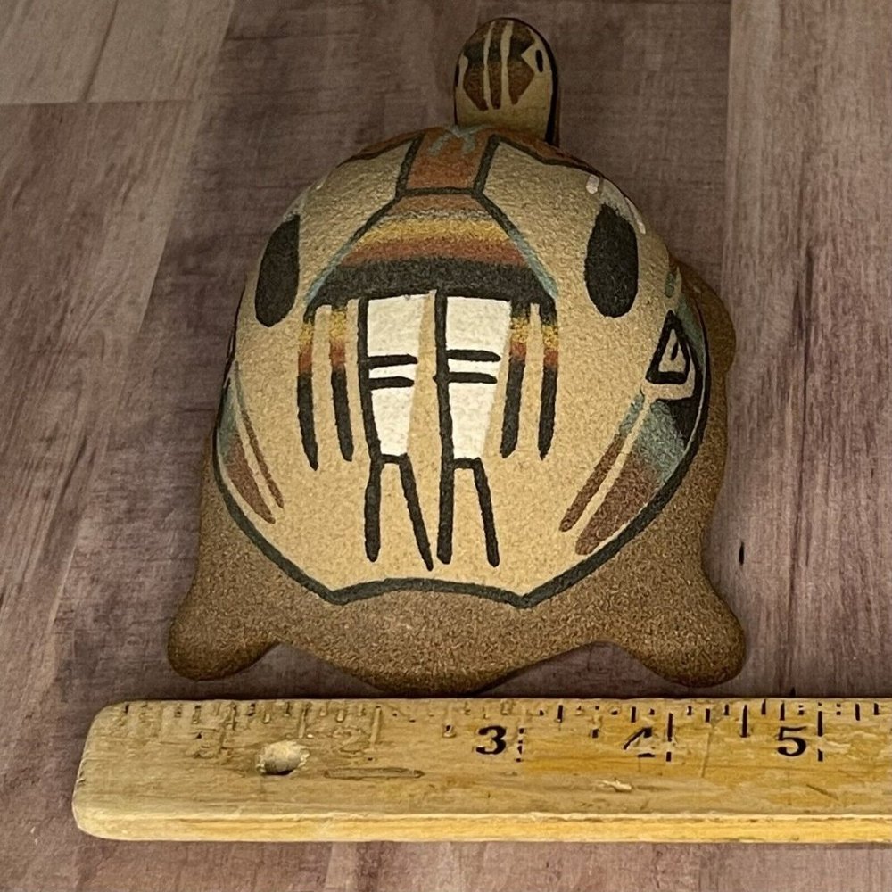 Vtg 80s Native Sand Art Painting Turtle Tortoise w Yei Figure Southwest 6” L - Picture 15 of 16